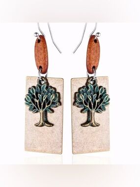 Tree of Life Wood & Metal Dangle Earrings - Green & Brown